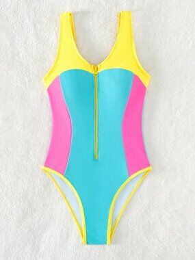 SHEIN One Piece Swimsuit Juniors Medium Blue Pink Yellow Colorblock Zip Front